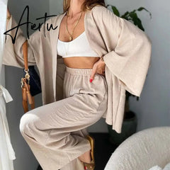 Women Cotton Linen 2 Pieces Pajamas Set Long Sleeve Cardigan Tops Elastic Wide Leg Pants Suit Loose Sleepwear Set Ladies Outfits Aiertu