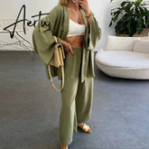 Women Cotton Linen 2 Pieces Pajamas Set Long Sleeve Cardigan Tops Elastic Wide Leg Pants Suit Loose Sleepwear Set Ladies Outfits Aiertu
