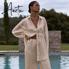 Women Cotton Linen Pajamas Shirt Two Piece Sets Casual Solid Long Sleeve Shirts And Trousers Suit Home Loose Chic Blouse Outfits Aiertu