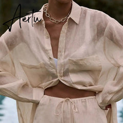 Women Cotton Linen Pajamas Shirt Two Piece Sets Casual Solid Long Sleeve Shirts And Trousers Suit Home Loose Chic Blouse Outfits Aiertu