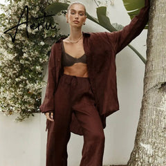 Women Cotton Linen Pajamas Shirt Two Piece Sets Casual Solid Long Sleeve Shirts And Trousers Suit Home Loose Chic Blouse Outfits Aiertu