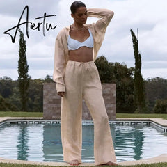 Women Cotton Linen Pajamas Shirt Two Piece Sets Casual Solid Long Sleeve Shirts And Trousers Suit Home Loose Chic Blouse Outfits Aiertu
