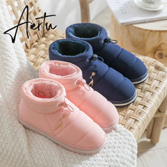 Women Cotton Shoes High-top Winter Plus Velvet Warmth Thick-soled Outdoor Down Couple Round Toe Woman Flats Slip-on Footwear Aiertu