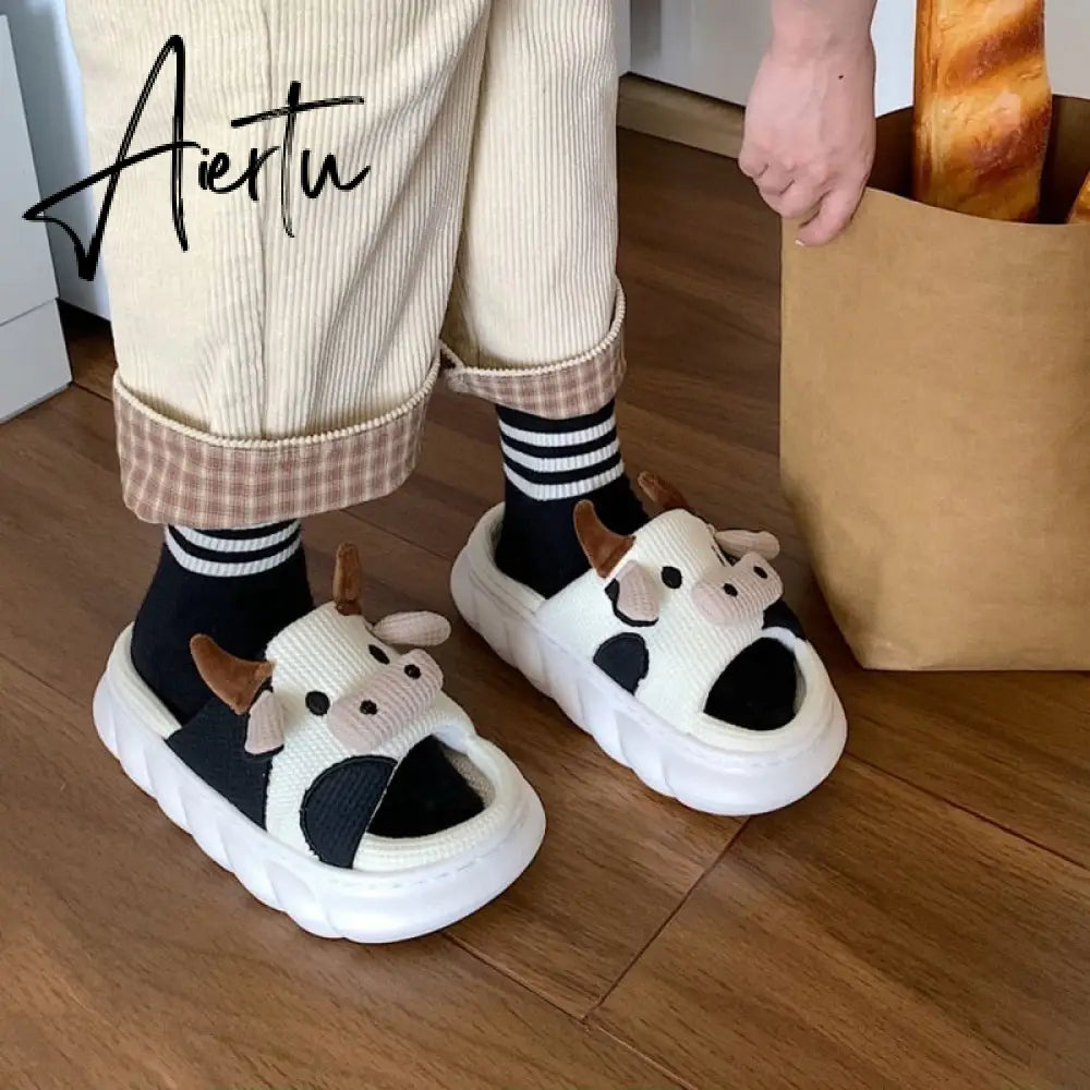 Women Cow Slippers Cute Cartoon Soft Cloud Platform Indoor Shoes Summer Female Home Slides Thick Sole Sandals Male House Slipper Aiertu