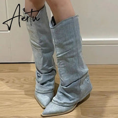 Women Cowboy Knee High Chelsea Boots Chunky Shoes New Autumn Winter Fashion Mid Heels Boots Casual Shoes Motorcycle Botas Aiertu