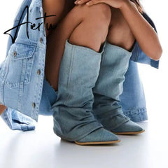 Women Cowboy Knee High Chelsea Boots Chunky Shoes New Autumn Winter Fashion Mid Heels Boots Casual Shoes Motorcycle Botas Aiertu