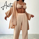 Women Double Layer Wrinkled Cotton Home Suit Sexy Casual Lace Up Shirt Sling Pencil Pants 3 Piece Set Autumn Beach Outfits Aiertu