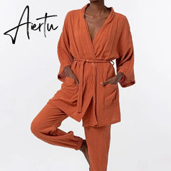 Women Double Layer Wrinkled Cotton Home Suit Sexy Casual Lace Up Shirt Sling Pencil Pants 3 Piece Set Autumn Beach Outfits Aiertu