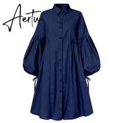 Women Dress Autumn Turn Down Neck Long Lantern Sleeve Dresses Bohemain Vestidos Knee-Length Sundress Aiertu
