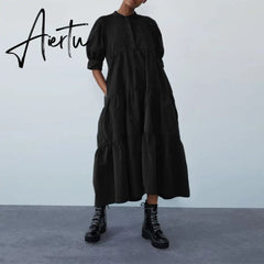 Women Dress Autumn Turn Down Neck Long Lantern Sleeve Dresses Bohemain Vestidos Knee-Length Sundress Aiertu