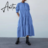 Women Dress Autumn Turn Down Neck Long Lantern Sleeve Dresses Bohemain Vestidos Knee-Length Sundress Aiertu