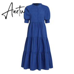 Women Dress Autumn Turn Down Neck Long Lantern Sleeve Dresses Bohemain Vestidos Knee-Length Sundress Aiertu