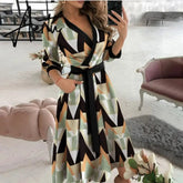 Women Dresses Summer Dot Letter Print V-Neck Three Quarter Sleeve Belt Irregular Dress Elegant Office Lady Casual Wear New Aiertu