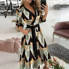 Women Dresses Summer Dot Letter Print V-Neck Three Quarter Sleeve Belt Irregular Dress Elegant Office Lady Casual Wear New Aiertu