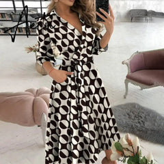 Women Dresses Summer Dot Letter Print V-Neck Three Quarter Sleeve Belt Irregular Dress Elegant Office Lady Casual Wear New Aiertu