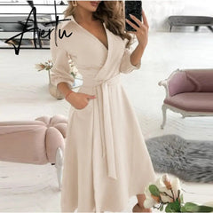 Women Dresses Summer Dot Letter Print V-Neck Three Quarter Sleeve Belt Irregular Dress Elegant Office Lady Casual Wear New Aiertu