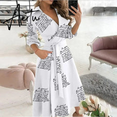 Women Dresses Summer Dot Letter Print V-Neck Three Quarter Sleeve Belt Irregular Dress Elegant Office Lady Casual Wear New Aiertu