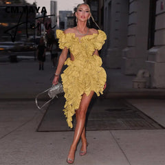 Women Edible Tree Fungus Tierred High Low Asymmetrical Ball Gown Dress Sexy Club Party Evening High Street Dresses Aiertu