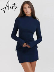 Women Elegant Dark Blue Commuting Mini Dress Autumn Sexy Pocket Long Sleeve Bodycon Dresses Lady Chic Party Club Robe Aiertu