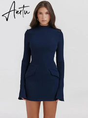 Women Elegant Dark Blue Commuting Mini Dress Autumn Sexy Pocket Long Sleeve Bodycon Dresses Lady Chic Party Club Robe Aiertu