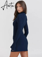 Women Elegant Dark Blue Commuting Mini Dress Autumn Sexy Pocket Long Sleeve Bodycon Dresses Lady Chic Party Club Robe Aiertu