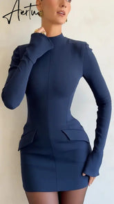 Women Elegant Dark Blue Commuting Mini Dress Autumn Sexy Pocket Long Sleeve Bodycon Dresses Lady Chic Party Club Robe Aiertu