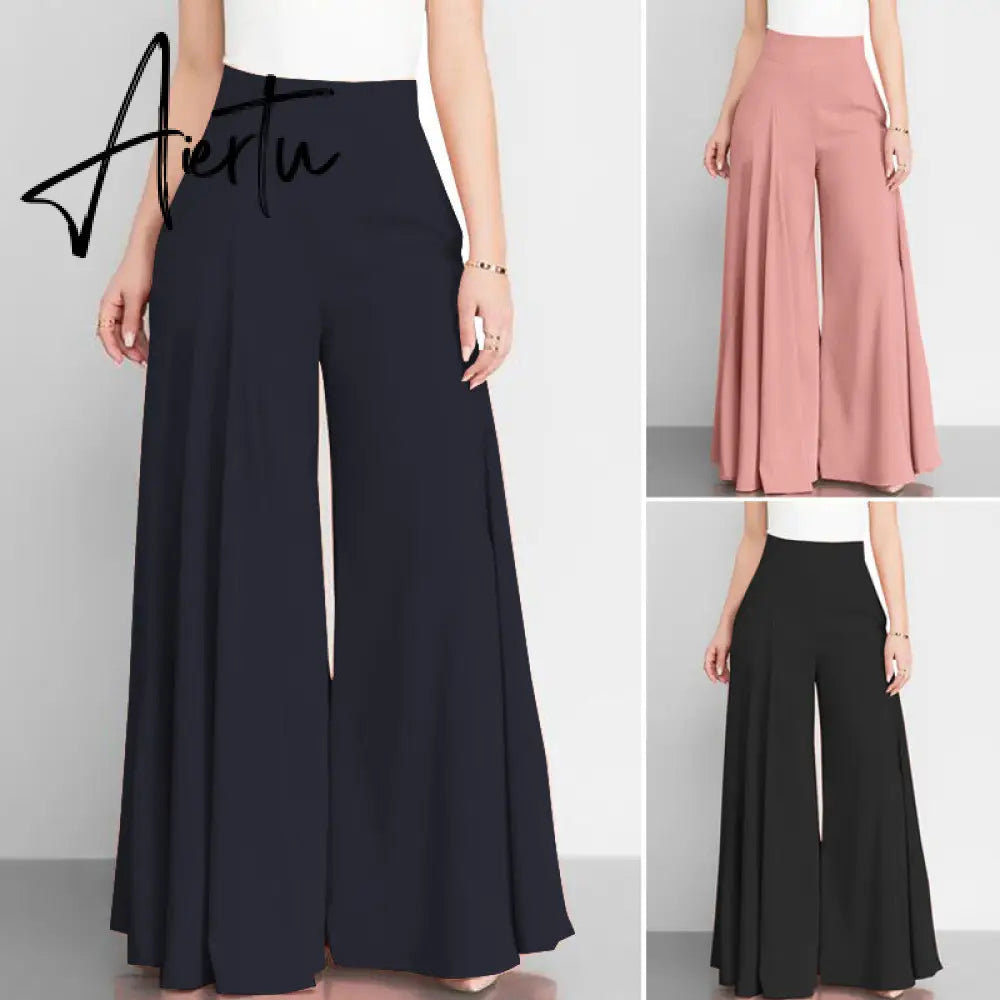 Women Elegant High Waist Wide Leg Pants Spring Vintage Flare Trousers Casual Solid Zipper Pantalon Female Palazzo Aiertu