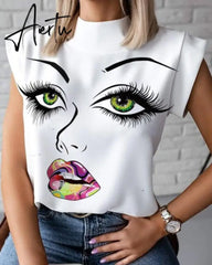 Women Elegant Lips Print Blouse Shirts Summer Casual Stand Neck Pullovers Tops Ladies Fashion Cute Eye Short Sleeve Blusa Aiertu