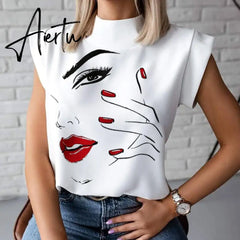 Women Elegant Lips Print Blouse Shirts Summer Casual Stand Neck Pullovers Tops Ladies Fashion Cute Eye Short Sleeve Blusa Aiertu