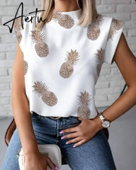 Women Elegant Lips Print Blouse Shirts Summer Casual Stand Neck Pullovers Tops Ladies Fashion Cute Eye Short Sleeve Blusa Aiertu