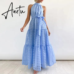 Women Elegant Loose Pleated Long Party Dress Ladies Summer Sexy Sleevelss Dress Fashion High Street Cascading Ruffle Maxi Dress Aiertu