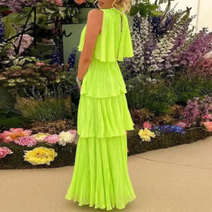 Women Elegant Loose Pleated Long Party Dress Ladies Summer Sexy Sleevelss Dress Fashion High Street Cascading Ruffle Maxi Dress Aiertu