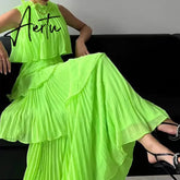 Women Elegant Loose Pleated Long Party Dress Ladies Summer Sexy Sleevelss Dress Fashion High Street Cascading Ruffle Maxi Dress Aiertu