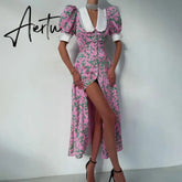 Women Elegant Vintage Corset Party Dress Fashion Casual Court Style Short Puff Sleeve Turn Down Collar Button Retro Long Dress Aiertu