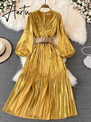 Women European and American long-sleeved lace-up metallic pleated V-neck elegant with large swing dress vestidos female D0703 Aiertu
