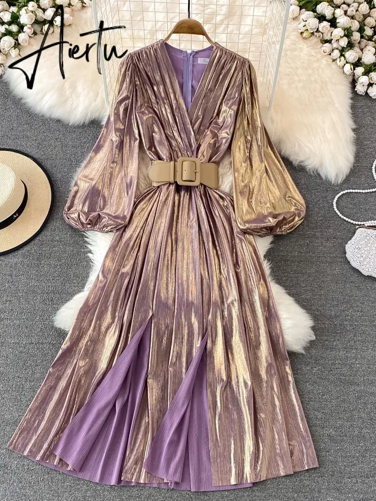 Women European and American long-sleeved lace-up metallic pleated V-neck elegant with large swing dress vestidos female D0703 Aiertu