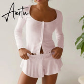 Women Fairy Grunge Two Piece Pajama Sets Solid Lace Trim Round Neck Long Sleeve Button Crop Tops T-shirts Shorts Loungewear Aiertu