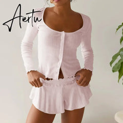 Women Fairy Grunge Two Piece Pajama Sets Solid Lace Trim Round Neck Long Sleeve Button Crop Tops T-shirts Shorts Loungewear Aiertu
