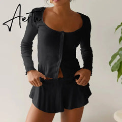 Women Fairy Grunge Two Piece Pajama Sets Solid Lace Trim Round Neck Long Sleeve Button Crop Tops T-shirts Shorts Loungewear Aiertu