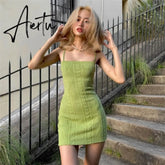 Women Fashion Elegant Streetwear Strap Mini Dress Summer New Solid Green Knit Stretch Slim Office Lady Dresses Aiertu