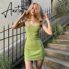 Women Fashion Elegant Streetwear Strap Mini Dress Summer New Solid Green Knit Stretch Slim Office Lady Dresses Aiertu