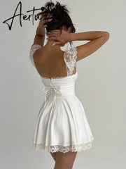 Women Fashion Long Lace Dress Summer Elegant Strap Sexy Beach Party Dress Open Back Strap Sleeveless Girl Aiertu