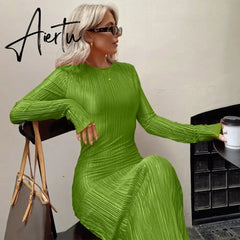 Women Fashion Long Sleeve Streetwear Bodycon Orange Midi Dress Autumn Clothes Wholesale Items For Business Aiertu