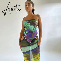 Women Fashion Mesh Strapless Print Bandage Sexy Crop Tube Top Maxi Skirt 2 Pcs Sets Summer Beach Vacation Outfit Aiertu