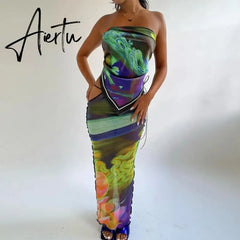 Women Fashion Mesh Strapless Print Bandage Sexy Crop Tube Top Maxi Skirt 2 Pcs Sets Summer Beach Vacation Outfit Aiertu