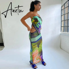 Women Fashion Mesh Strapless Print Bandage Sexy Crop Tube Top Maxi Skirt 2 Pcs Sets Summer Beach Vacation Outfit Aiertu