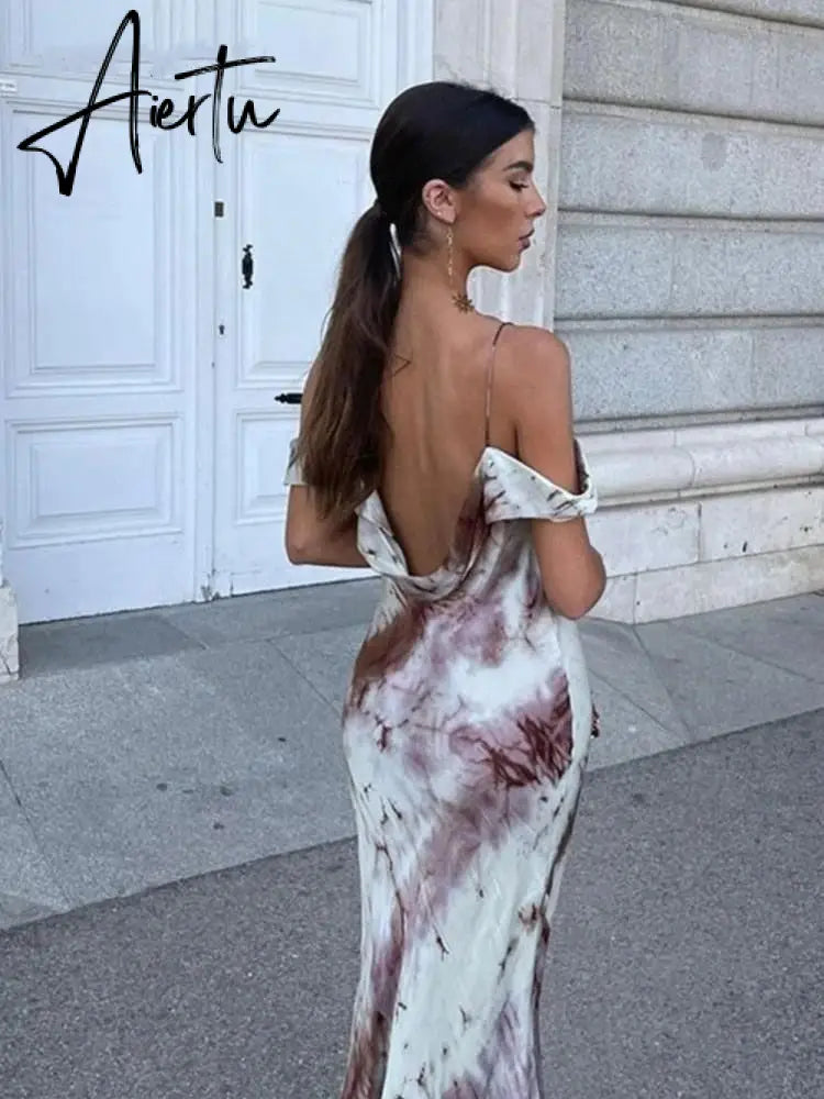 Women Fashion Printed Suspender Maxi Dress Female Vintage Sleeveless Ruffle Dresses Summer New Chic Beach Long Aiertu
