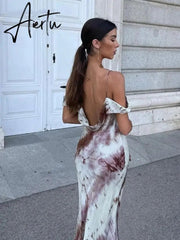 Women Fashion Printed Suspender Maxi Dress Female Vintage Sleeveless Ruffle Dresses Summer New Chic Beach Long Aiertu