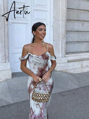 Women Fashion Printed Suspender Maxi Dress Female Vintage Sleeveless Ruffle Dresses Summer New Chic Beach Long Aiertu