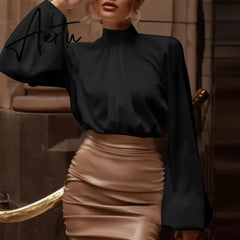 Women Fashion Satin Blouse Lantern Long Sleeve Shirts Autumn Elegant High Collar Casual Party Tunic Tops Streetwear Aiertu